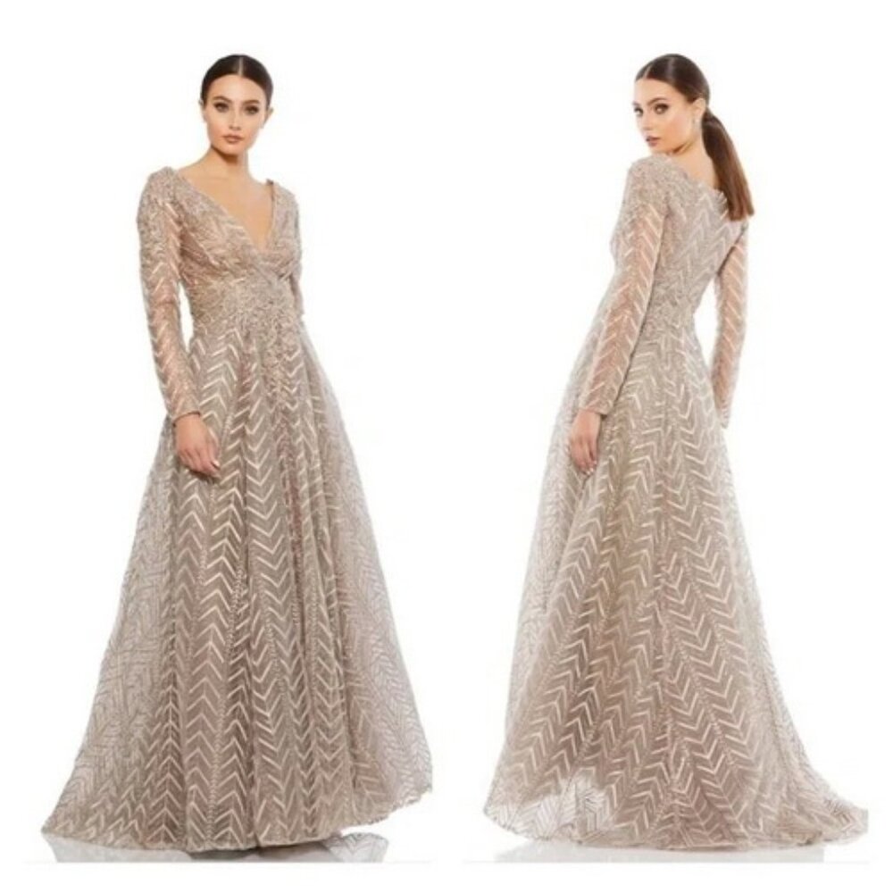 Mac Duggal Taupe Embellished Embroidered Long Sleeve Mesh A-Line Gown